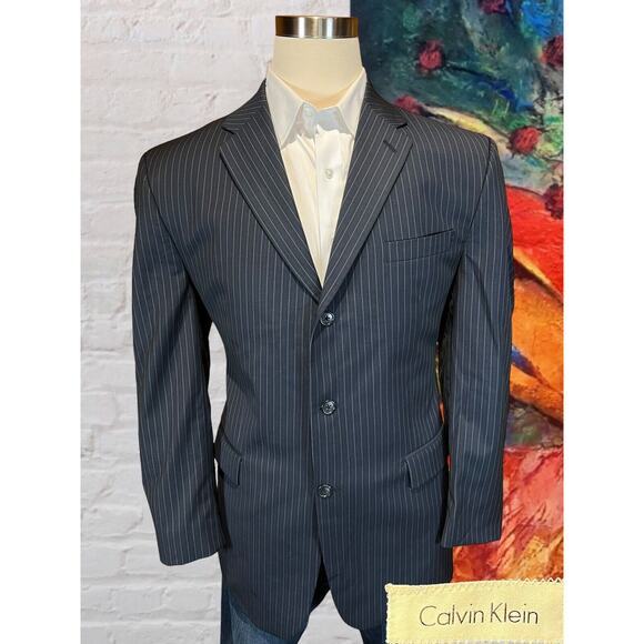 Calvin Klein 44R Mens Navy Blue Pinstripe 3 Button Blazer Sport Coat Jacket - Picture 5 of 12